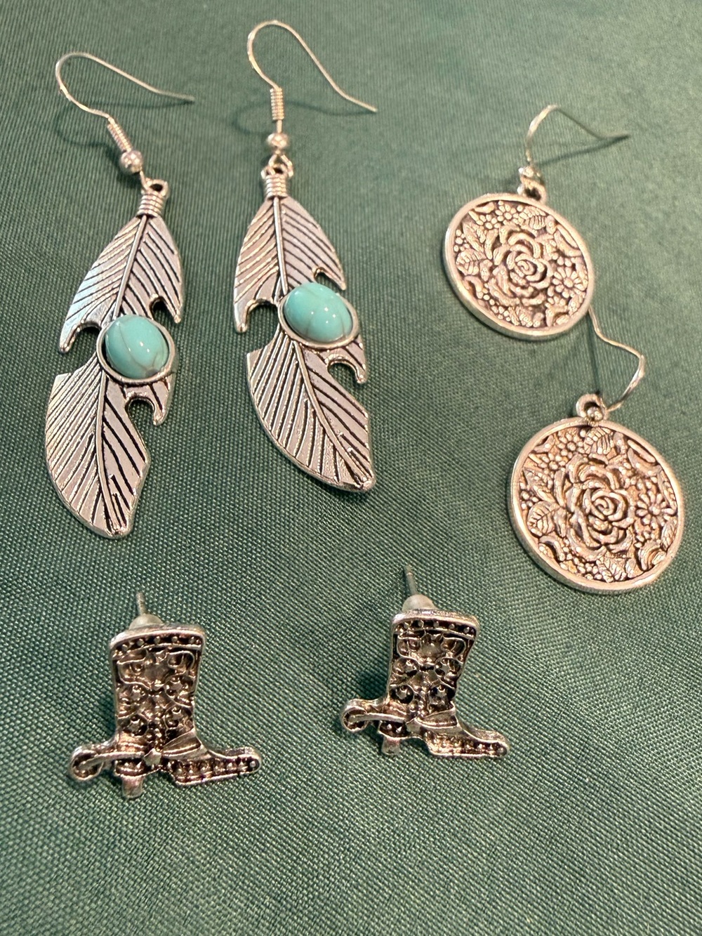 Southwestern earring set drop turquoise feather cowboy boots posts 3 pairs - Picture 3 of 6